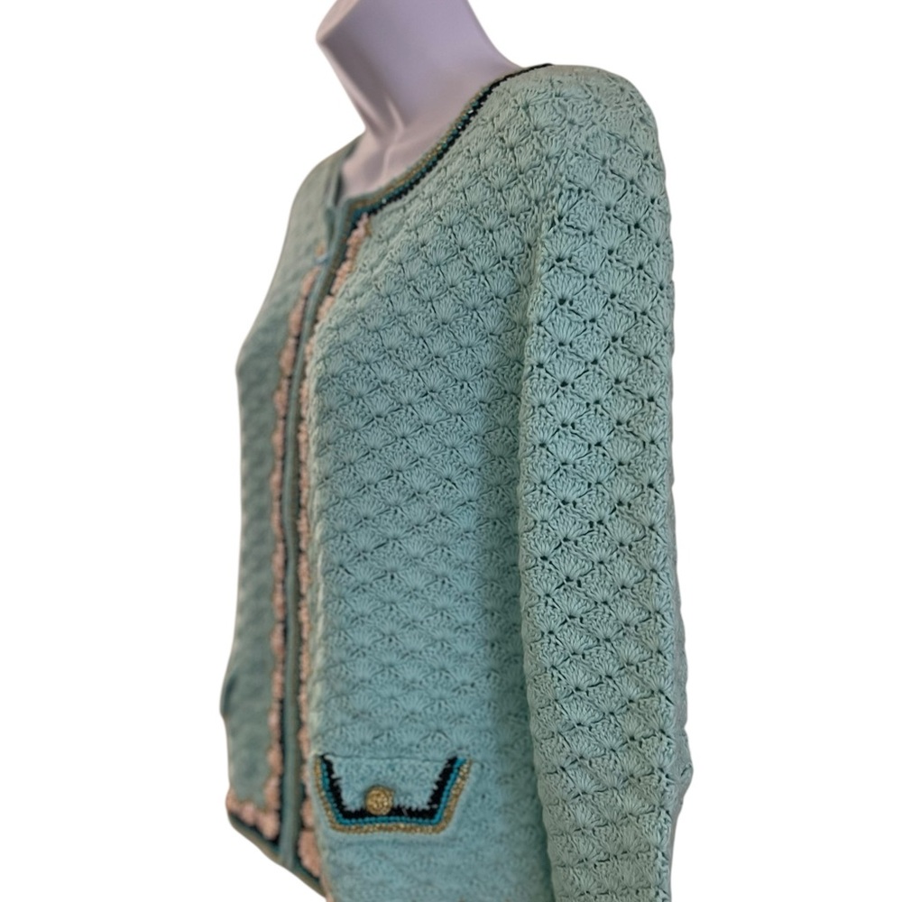 Berek Turquoise Vintage Beaded Embroidered Full Zipper Cardigan Sweater Small - Picture 2 of 5